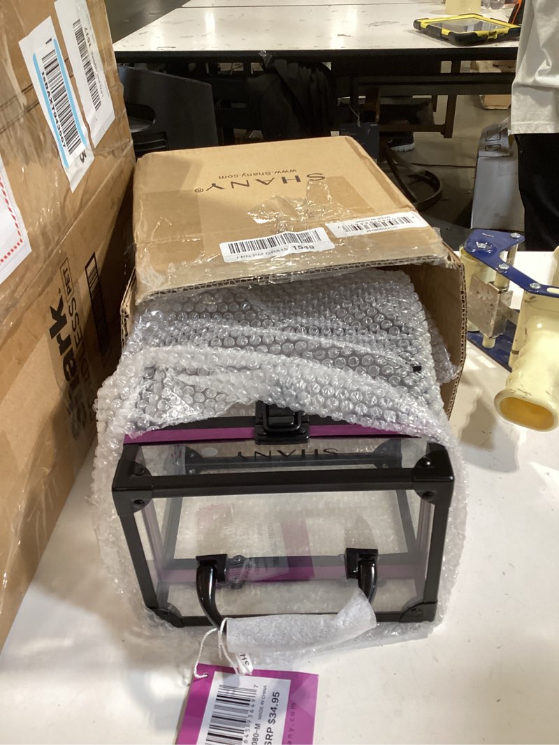 Condition photo showing Good Condition for shany clear cosmetics and toiletry train case - clear travel makeup bag case organizer with secure closure and black/purple accents - medium