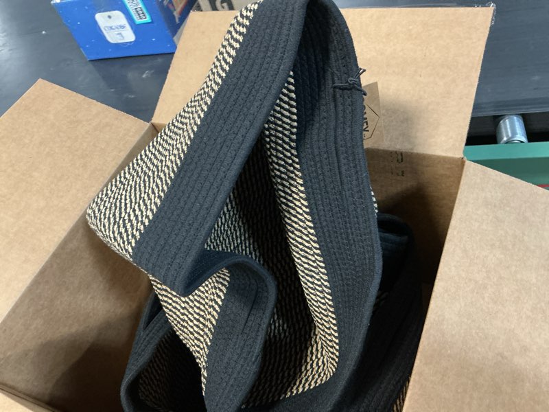 Condition photo showing As Is for COMFY-HOMI 3PACK Cotton Rope Square Basket with Handles for Shelves|Dog Toy Bin and Storage|Baby Gift|Shoe Organizer|New 13.5" x 11" x 9.5" for Living Room (Black/Jute) 13.5" x 11" x 9.5" black/jute