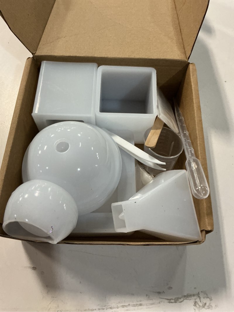 Condition photo showing As Is for Resin Molds Silicone Kit 20Pcs,Epoxy Resin Molds Including Sphere,Cube,Pyramid,Square,Round, Used for Create Art,DIY,Ash Trays,Coasters,Candles.Bonus Decorative Sequins and The Complete Set Tools