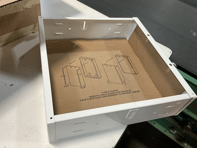 Condition photo showing Good Condition for  Legrand - OnQ 14 Inch Cable Management, In-Wall 20-Gauge Media Box, Structured Wiring Enclosure with 2.5 Inch Openings for Wires, Glossy White, EN1400