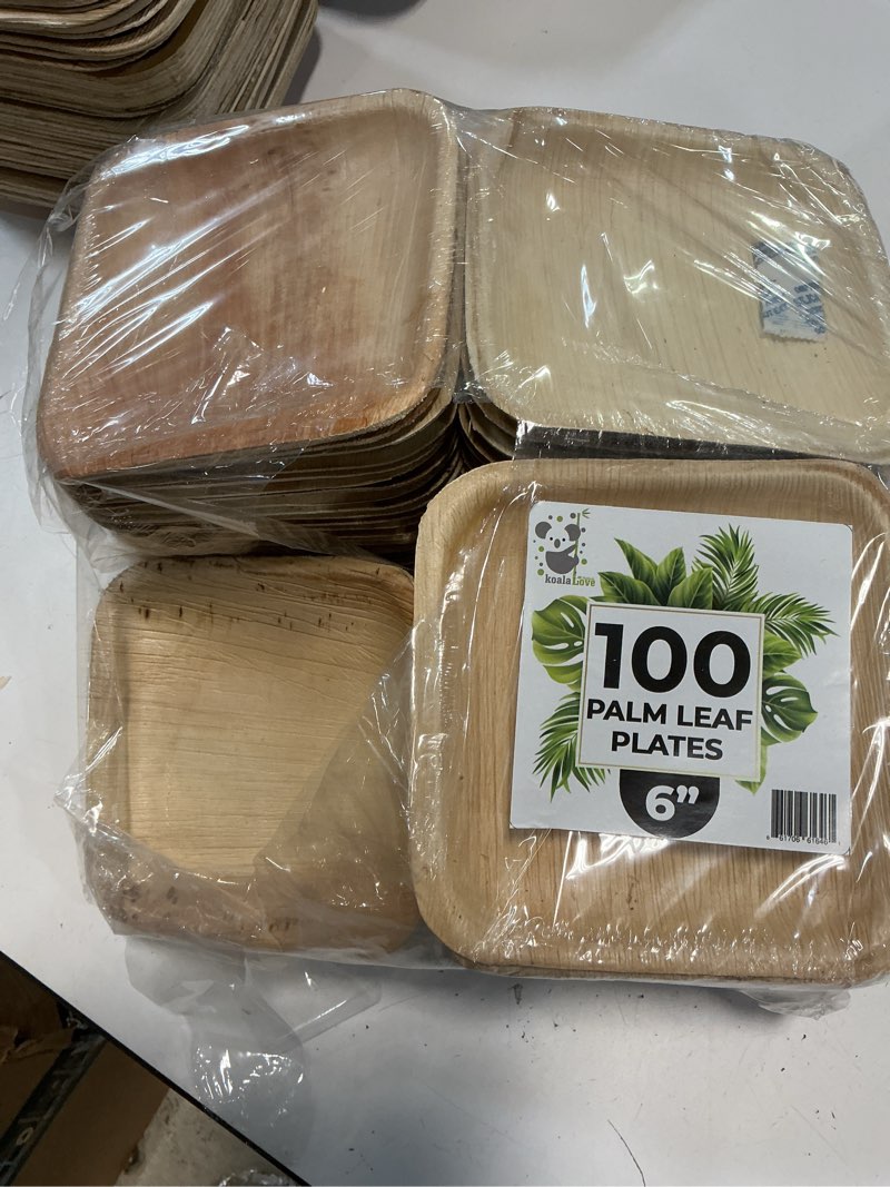 Condition photo showing As Is for Palm Leaf Plate Bamboo Paper Disposable 6 Inch 100 Bulk Appetizer and Dessert Square Party Pack Eco Biodegradable Compostable Wooden Plates Better Than Plastic Plates By KoalaLove C-100 Plates 6" Square