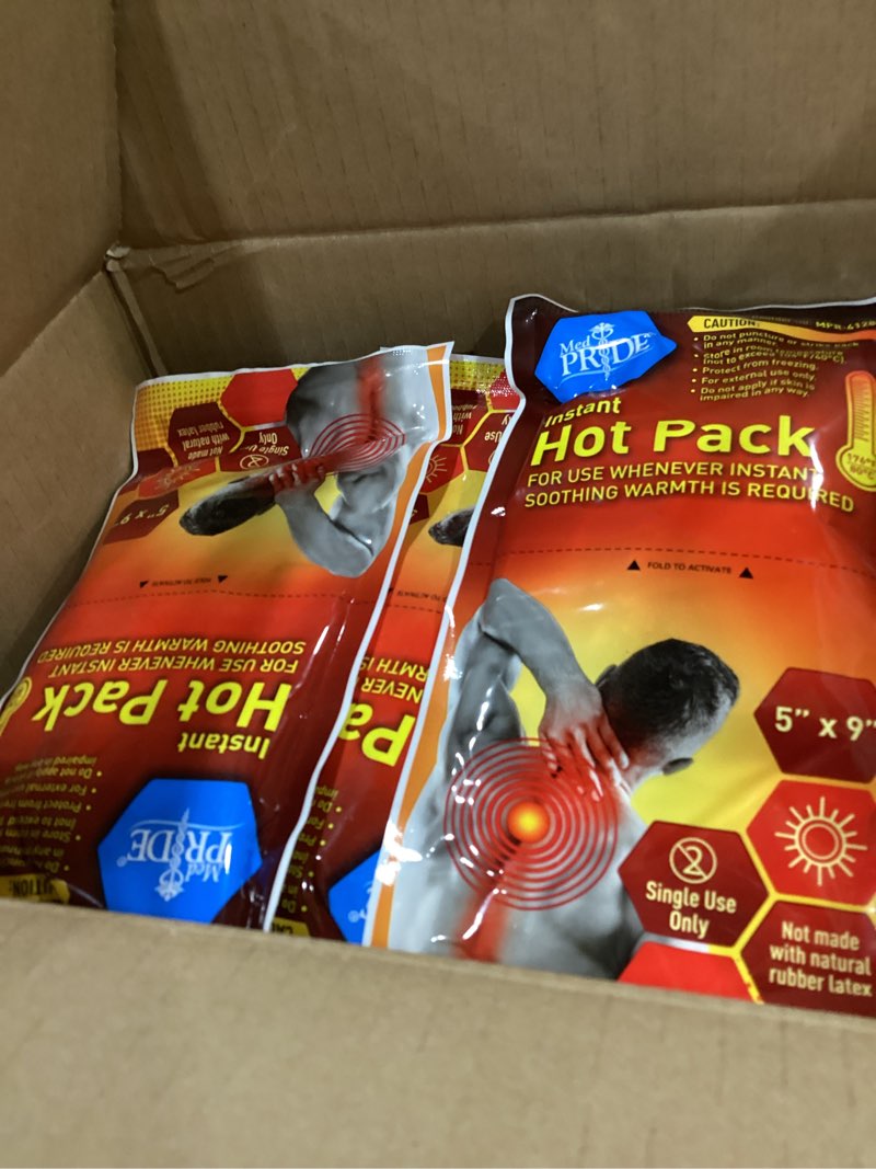 Condition photo showing New/Like New for med pride instant hot packs disposable for pain relief, activates instantly, 5in x 9in (24-pack), includes 3 fabric wraps