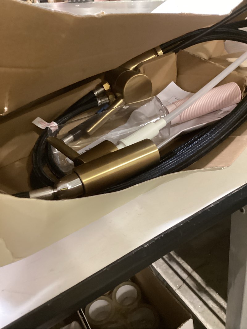 Condition photo showing As Is for allen + roth harlow brushed gold single handle pull-down kitchen faucet with sprayer (deck plate and soap dispenser included)