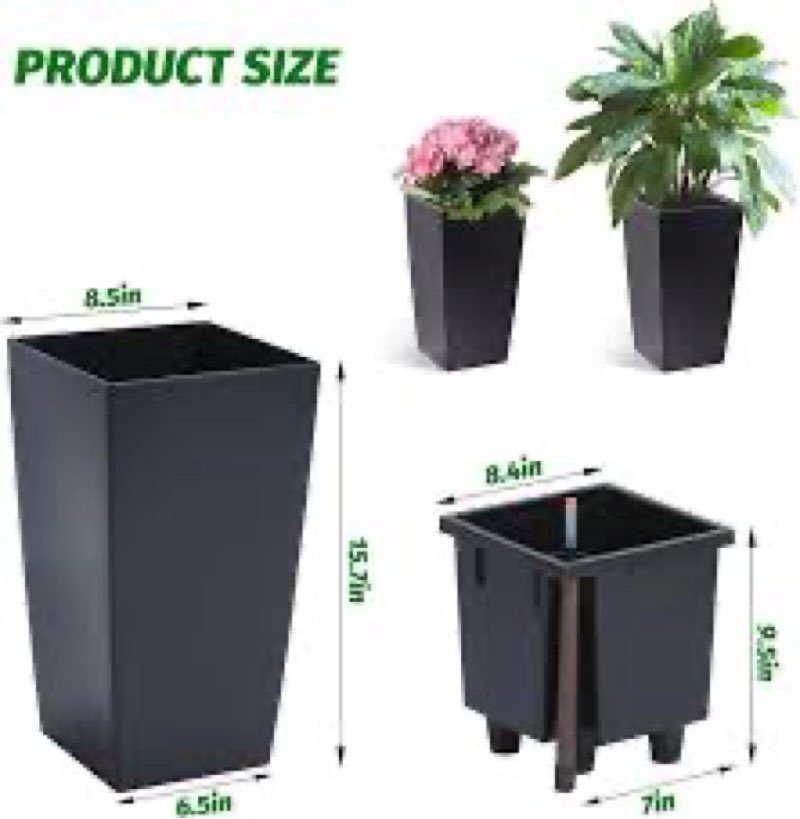 Verel Set of 2 Tall Planters - 28 Inch Large Outdoor Planter With Small Pots Indoor and Outdoor Rectangular Flower Pots for Front Door, Porch, Patio and Deck (Black)