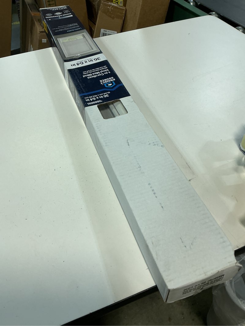 Condition photo showing New/Like New for project source room darkening 1-in slat width 36-in x 64-in cordless white vinyl room darkening mini-blinds