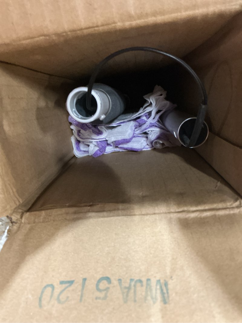 Condition photo showing As Is for swiffer powermop multi-surface mop kit for floor cleaning, includes powermop, 2 mopping pad refills, 1 cleaning solution with fresh scent and 2 batteries purple and white
