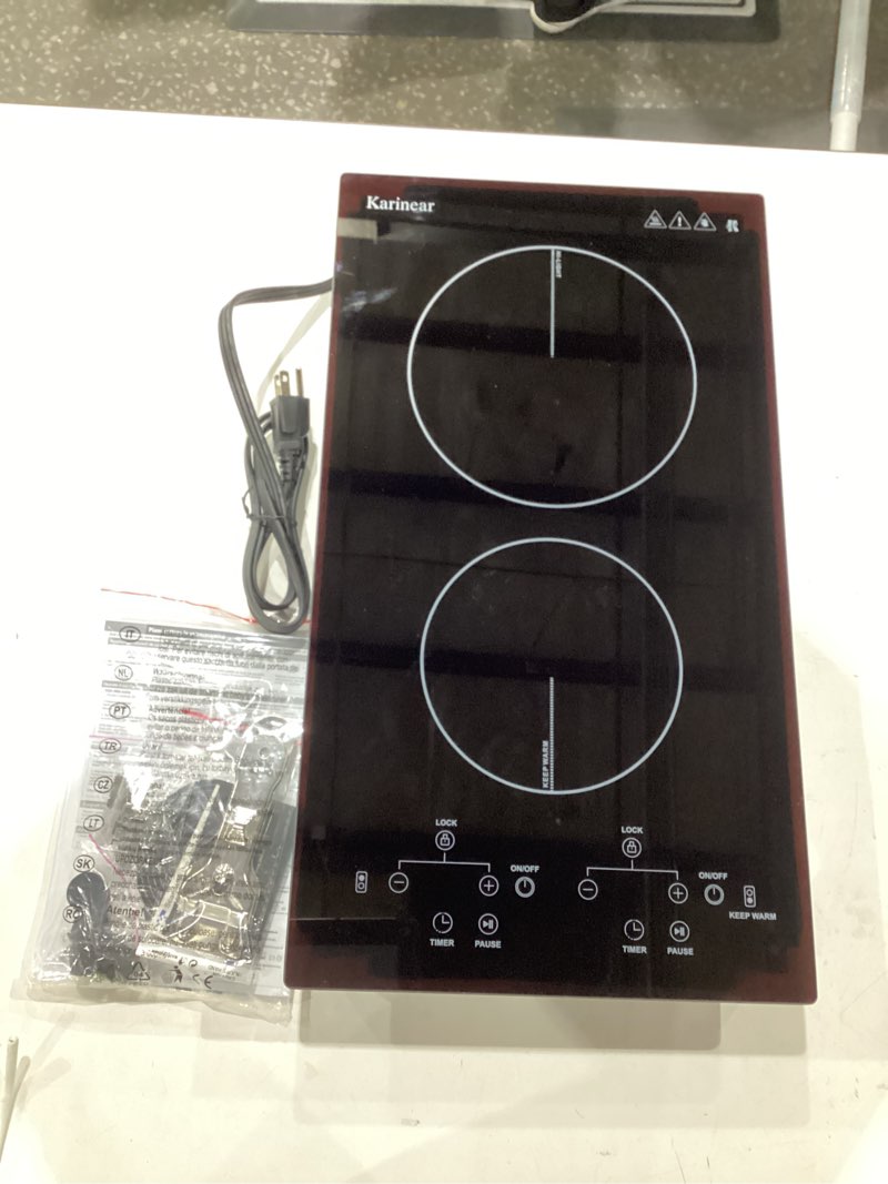 Condition photo showing Good Condition for **untested** karinear 2 burners electric cooktop, 120v plug in ceramic cooktop, 12 inch countertop & built-in electric stove top with child safety lock, timer, over-temperature protection, sensor touch control black