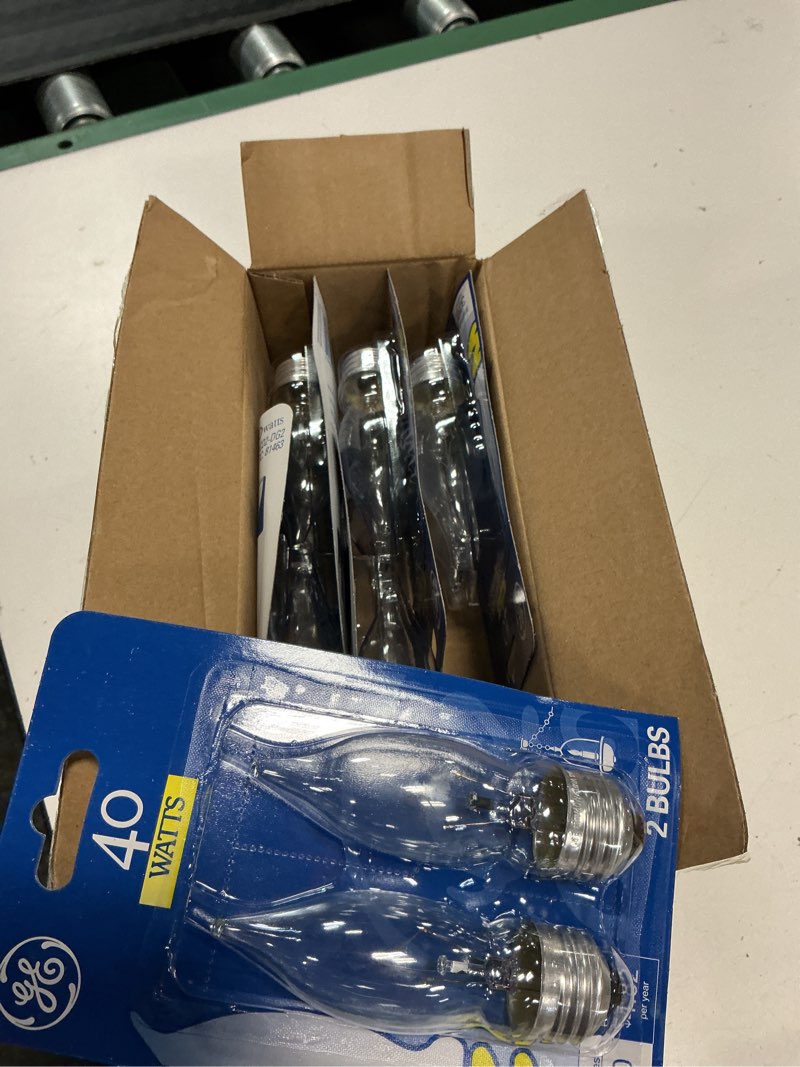 Condition photo showing As Is for ge 40 watt fan chandelier bulb, 2 ct