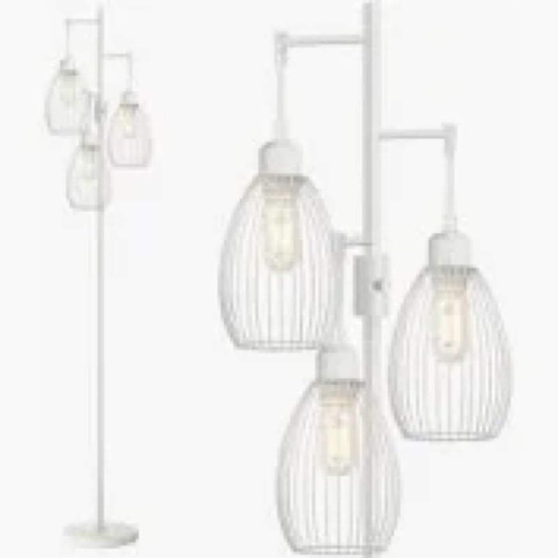 dimmable floor lamp, 3 x 800lm led edison bulbs included, farmhouse industrial floor lamp standing lamp with elegant teardrop cage head tall lamp for living room bedroom office dining room - white