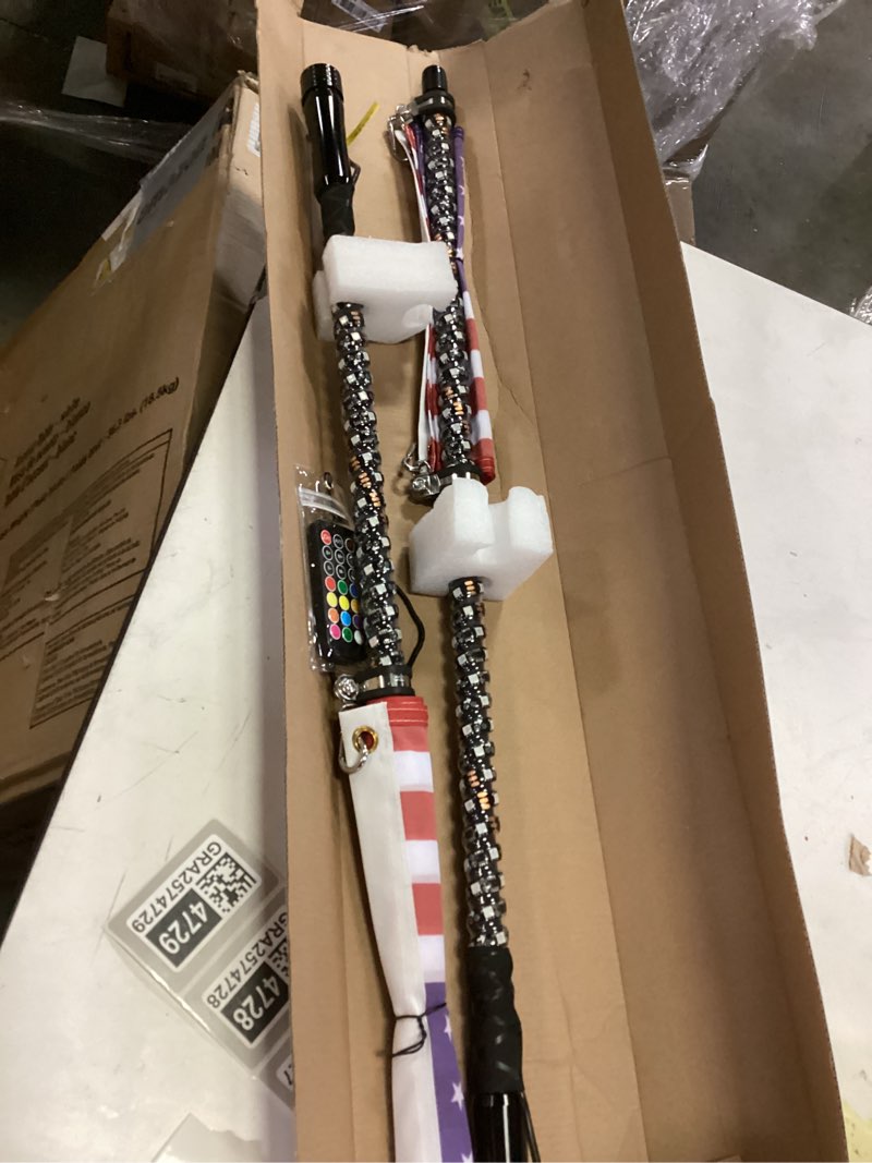 Condition photo showing As Is for KEMIMOTO 2pc 3ft Bluetooth Whip Lights for Side by Side, Turning Signal Function Compatible with Polaris RZR Can-Am Maverick X3, LED Whip Lights for UTV ATV Buggy Boat Offroad RGB 3 ft