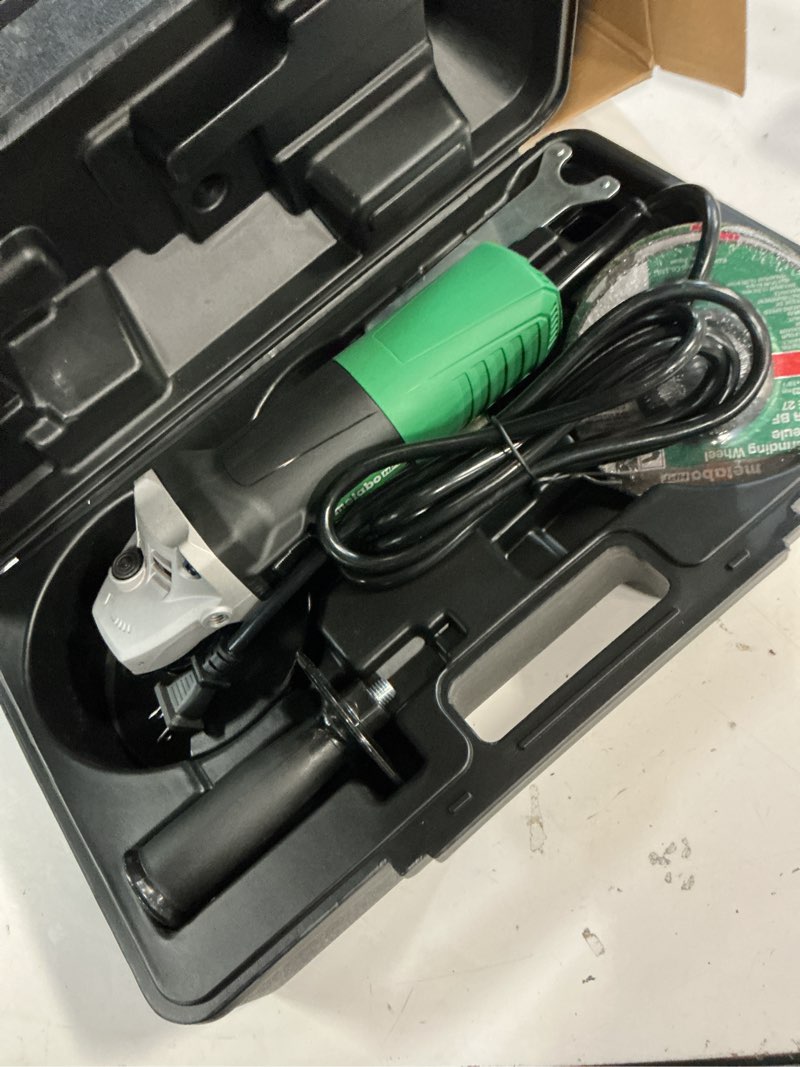 Condition photo showing Good Condition for metabo hpt 4-1/2-inch angle grinder, includes 5 grinding wheels & hard case, 6.2-amp motor, compact & lightweight, g12sr4