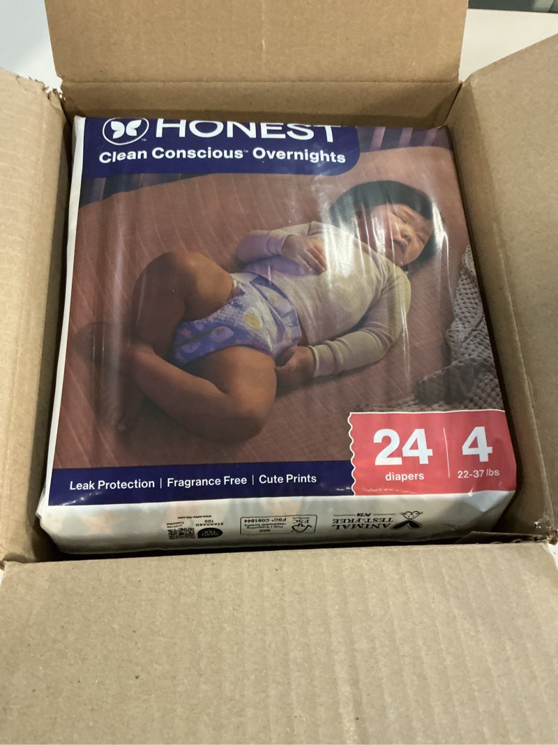 Condition photo showing New/Like New for ((size 4 (22–37 lbs) ))the honest company comfort dry disposable overnight diapers for sensitive skin, hypoallergenic, baby cozy cloud and star signs design club box 48 count
