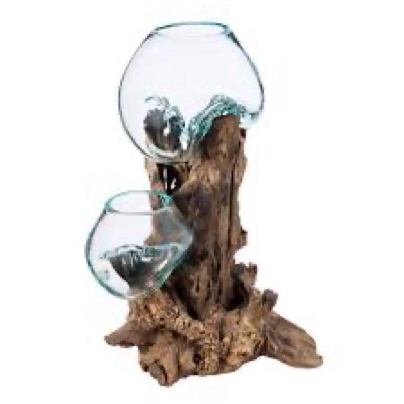 Cape Craftsmen 12" H Hand-Blown Blue Tinted Bubble Glass On Natural Teak Driftwood Terrarium | Home 