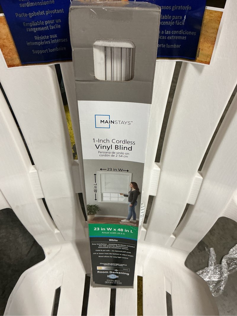 Condition photo showing Good Condition for mainstays 1" cordless vinyl room darkening blinds, white, 23"w x 48"l