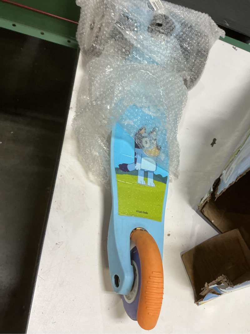 Condition photo showing As Is for (Incomplete). Self Balancing Kick Scooter with Light Up Wheels, Extra Wide Deck, 3 Wheel Platform, Foot Activated Brake, 75 lbs Limit, Kids & Toddlers Girls or Boys, for Ages 3 and Up Bluey