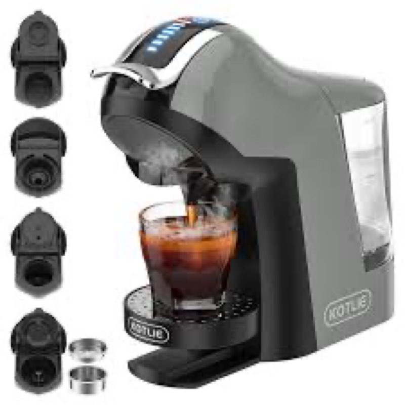 kotlie 5in1 19bar multicapsule espresso coffee machine, cold&hot brewing single-serve coffee maker, cappuccino&latte maker for kcup/dolce gusto/nespresso original/groundcoffee/44mm ese em-308a (grey)