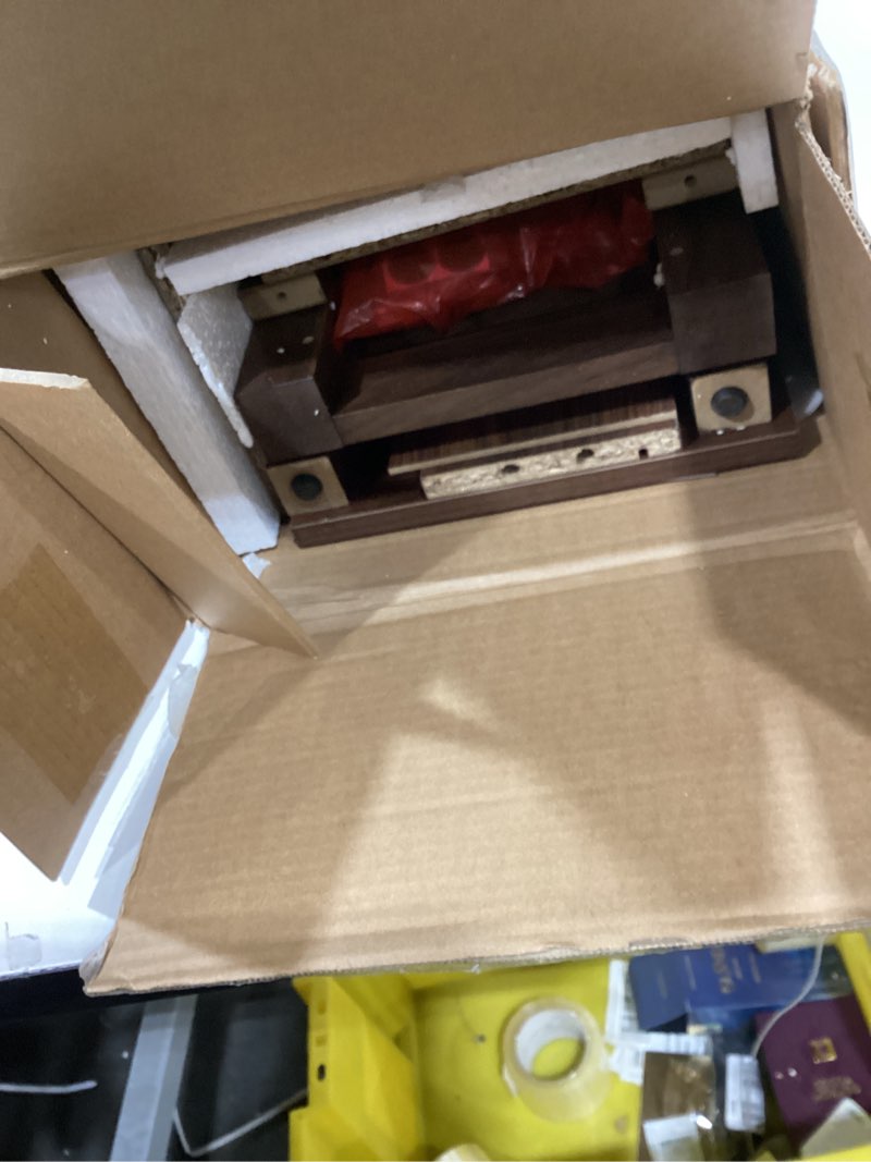 Condition photo showing As Is for End Table with Movable Top and Charging Station, Narrow Side Table with Storage Cabinet and USB, Sofa Table for Living Room Bedroom Walnut