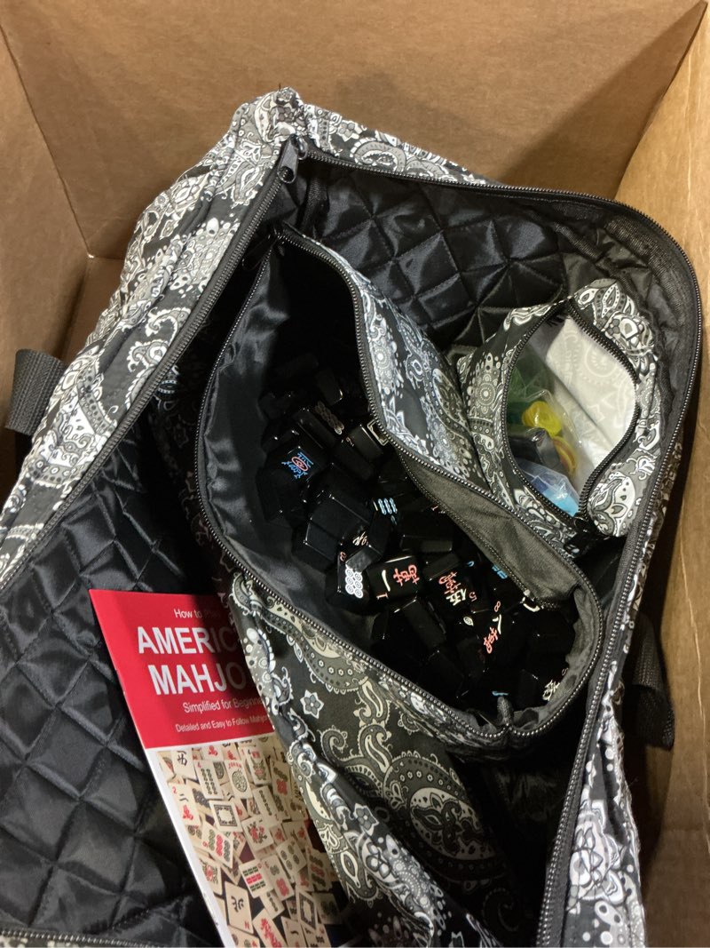 Condition photo showing Good Condition for american mahjong game set, 166 black tiles (1.2”), 4 all-in-one color rack/pushers & drawstring bag, complete mahjong set with black carrying bag and mahjong tiles set accessories