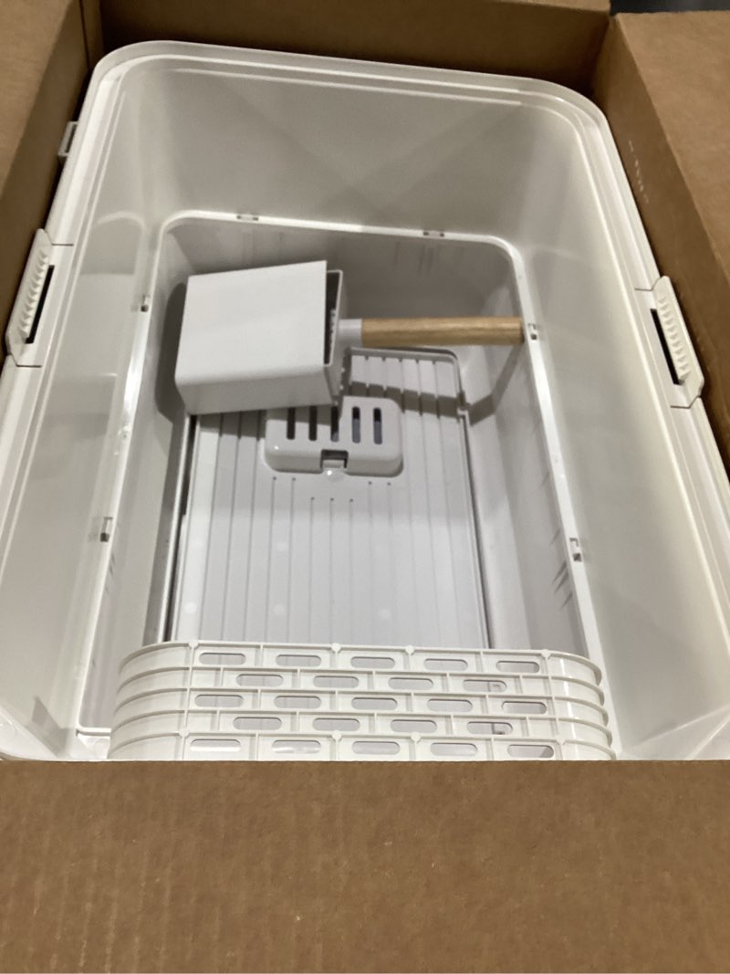 Condition photo showing As Is for Stainless Steel Litter Box - XL Extra Large Cat Litter Box with Lid, Enclosed Metal Litter Pan with High Sided Enclosure & Scoop, Anti Leakage, Easy to Clean, Odor Control (White)