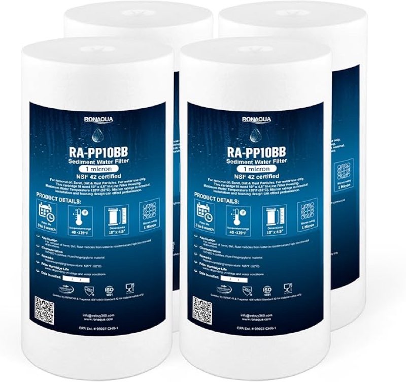 ronaqua 10" x 4.5" big sediment replacement water filter cartridge, 1 micron, nsf certified, for whole house, compatible with rfc-bbsa, w15-pr, wfhd13001b, gxwh35f, hf45-10blbk10pr and ap817, 4 pack