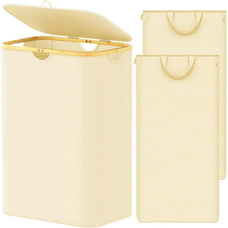 SpaceAid Double Laundry Hamper 2 Section with Lid and Removable Laundry Bags, 160L Clothes Basket, Beige  