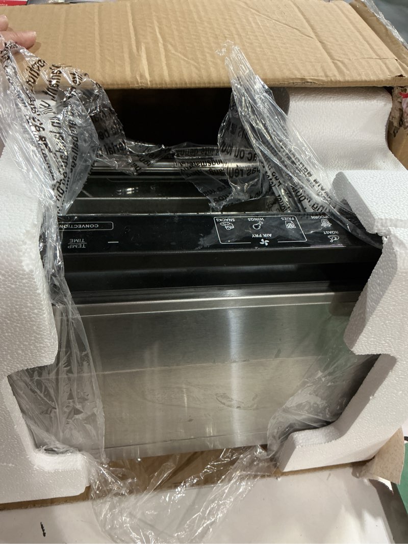 Condition photo showing As Is for Gourmia Toaster Oven Digital Air Fryer - Convection Mode with 4 Slice Capacity, 3 Rack Positions, 12 Presets, Toast, Bagel, Bake, Roast, Broil, Dehydrate, Popcorn, Fits 9" Pizza, Stainless Steel Large Silver