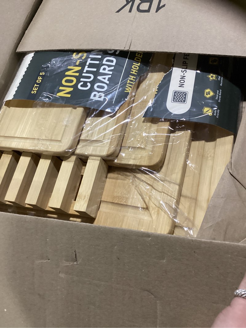 Condition photo showing As Is for 5 Packs Bamboo Cutting Board Set with Non Slip Feet Holder and Over Sink Nice Solid Thick Wood Juice Groove Chopping Board Small Big Xl XXl xlarge Oversized Kitchen Counter Organic Vegetable Meat Kit 5 Pack with Holder Natural