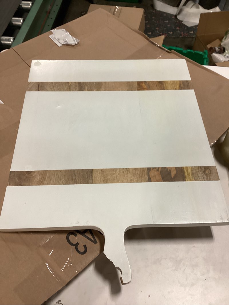 Condition photo showing As Is for Mud Pie Wooded Square Board,White, 23 1/4" x 16 3/4"