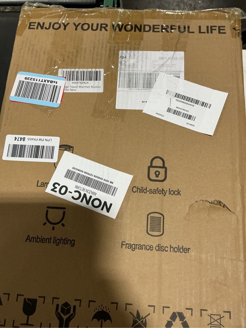 Condition photo showing Good Condition for Luxury Towel Warmer Bucket, 23L Large Towel Warmers for Bathroom, with Stand, Ambient Light, Auto Shut Off, Relaxation Mode, Fits Three 40"x70" Towels, Bathrobes, Blankets, Great Gift Idea - White