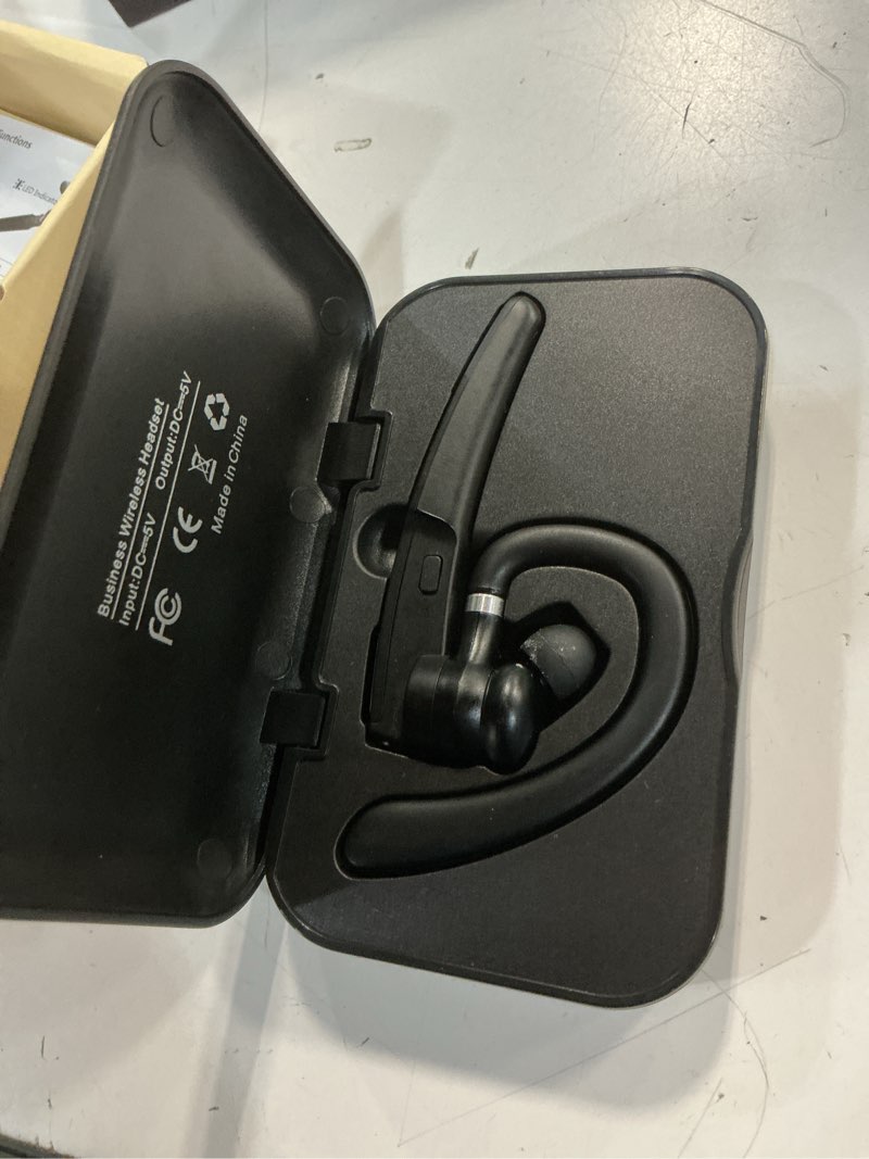 Condition photo showing As Is for bluetooth headset, wireless bluetooth earpiece v5.0 hands-free earphones with built-in mic for driving/business/office, compatible with iphone and android (black)