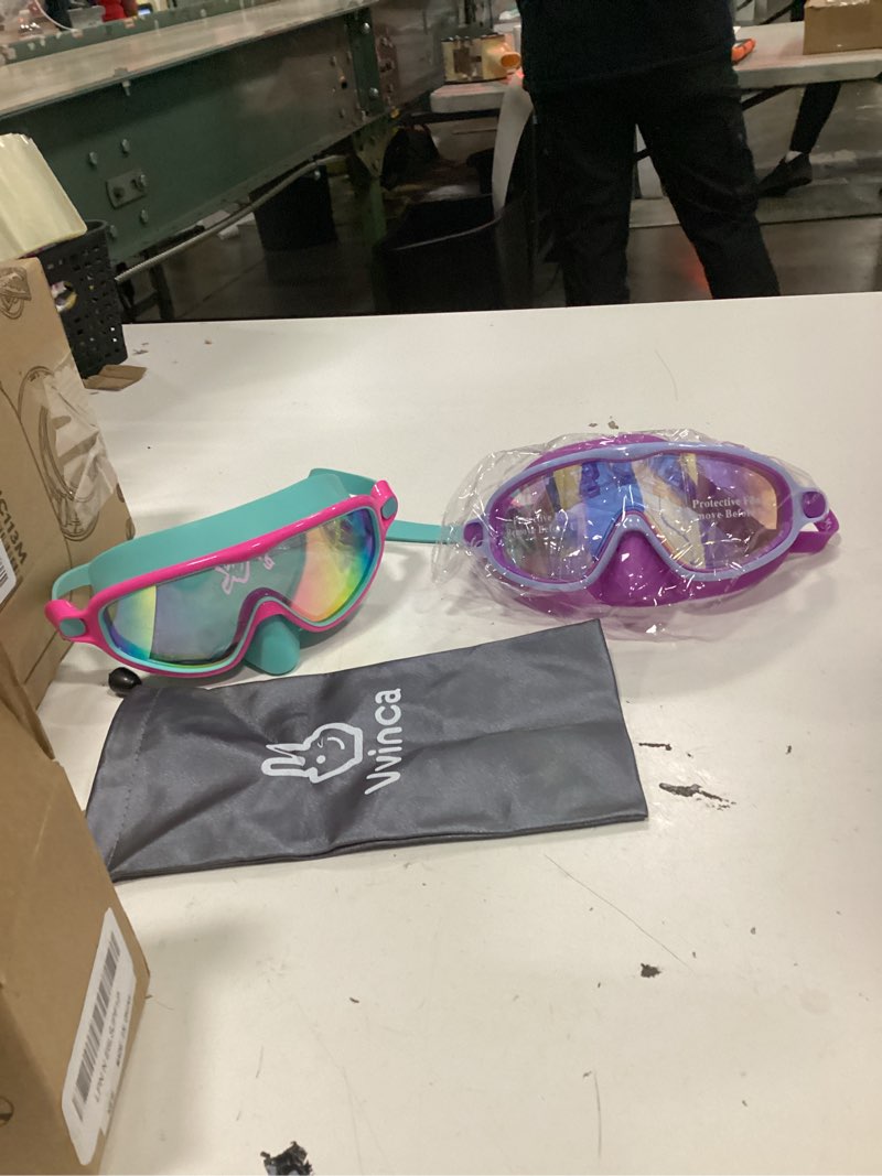 Condition photo showing Good Condition for vvinca 2 pcs kids swim goggles with nose cover, swimming diving mask wide view anti fog uv anti shattered lens for kids 3-5 05-mirrored mermaid purple& green small for kids 3-5 years