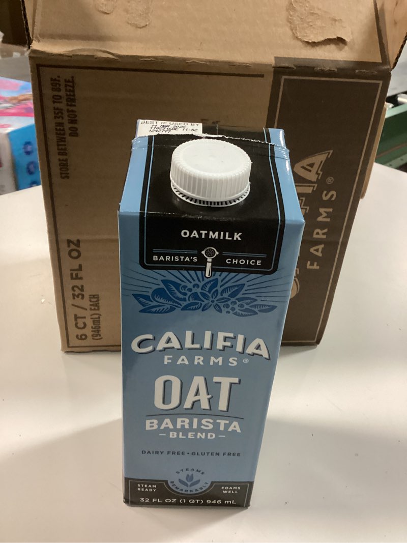 Condition photo showing Good Condition for Califia Farms - Oat Barista Blend Oat Milk, 32 Oz (Pack of 6), Shelf Stable, Dairy Free, Plant Based, Vegan, Gluten Free, Non GMO, High Calcium, Milk Frother, Creamer, Oatmilk Oat Barista Original 32 Ounce (Pack of 6) (Best IF USED BY :14/MAR/2026)