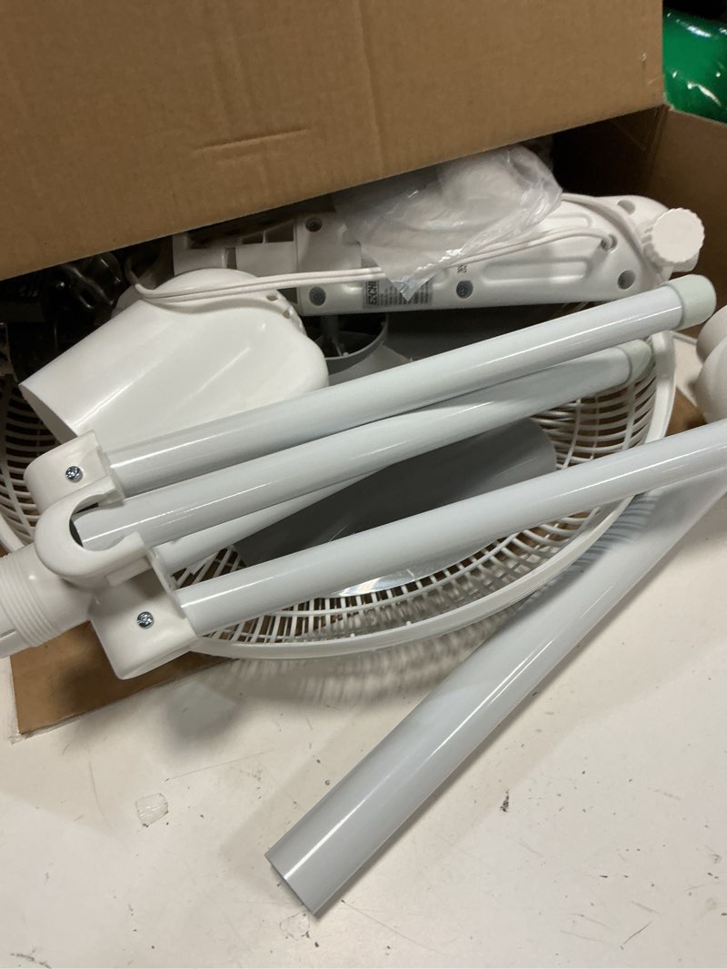 Condition photo showing As Is for ez-chill 16” oscillating pedestal fan, 3-speed options, 90-degree oscillating head, adjustable height and tilt, powerful air flow, white, mtsp15-16az