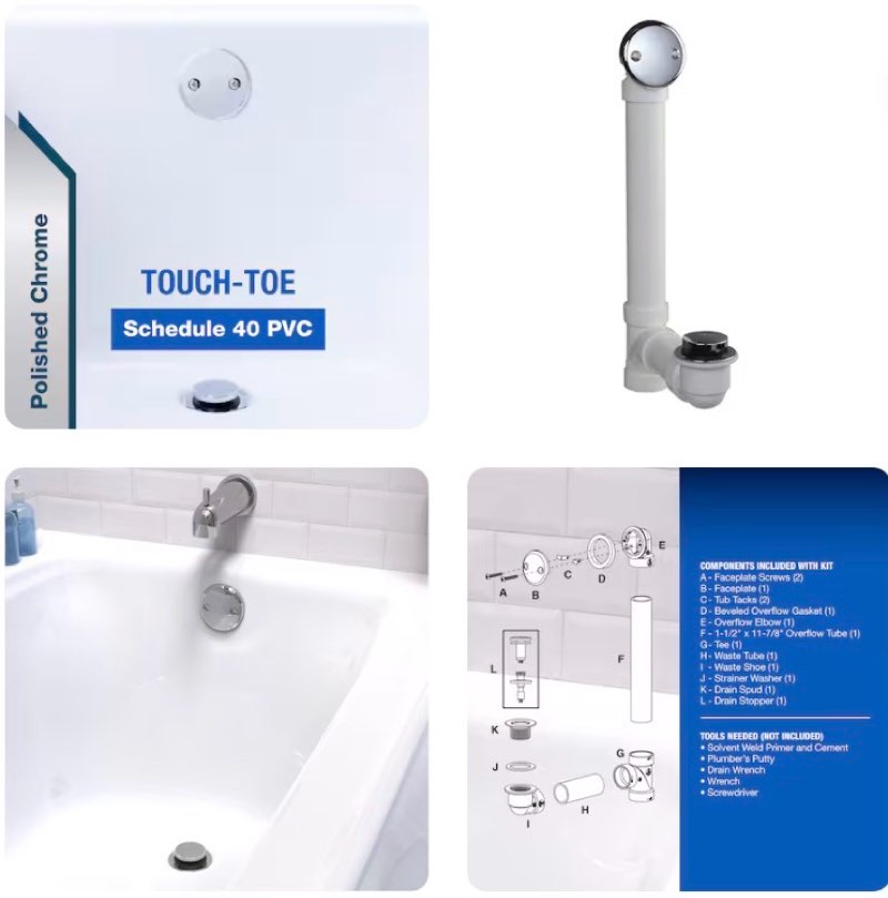 Dearborn 1-1/2-in Polished Chrome Touch-Toe White/Polished Chrome Toe-touch Drain with PVC
