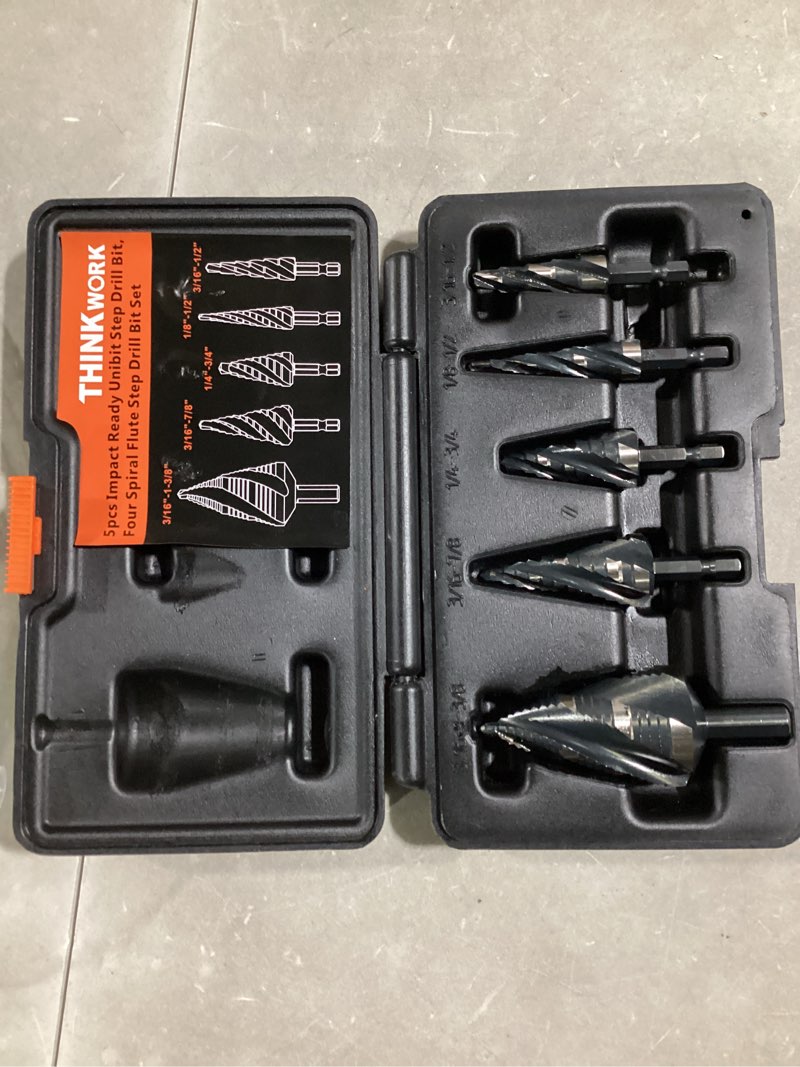 Condition photo showing Good Condition for THINKWORK Four Spiral Flute Step Drill Bit Set, 5 Pcs HSS Step Drill Bits (1/8"-1-3/8") Unibit Step Drill Bit, 1/4" and 3/8" Shank Step Bits for Aluminum, Wood, Plastic, Metal 5 Piece