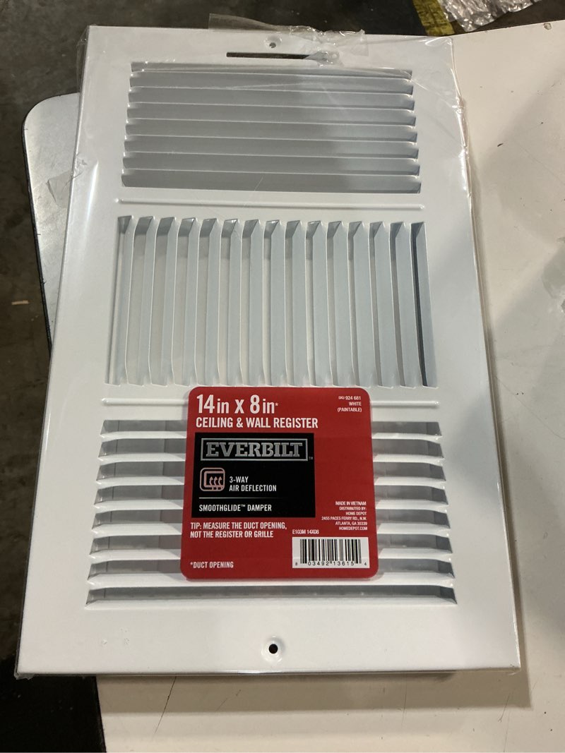 Condition photo showing Good Condition for 14 in. x 8 in. 3-way steel wall/ceiling register in white