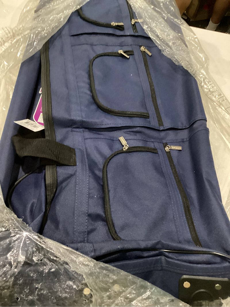 Condition photo showing As Is for rockland rolling duffel bag, navy, 40-inch 40" navy