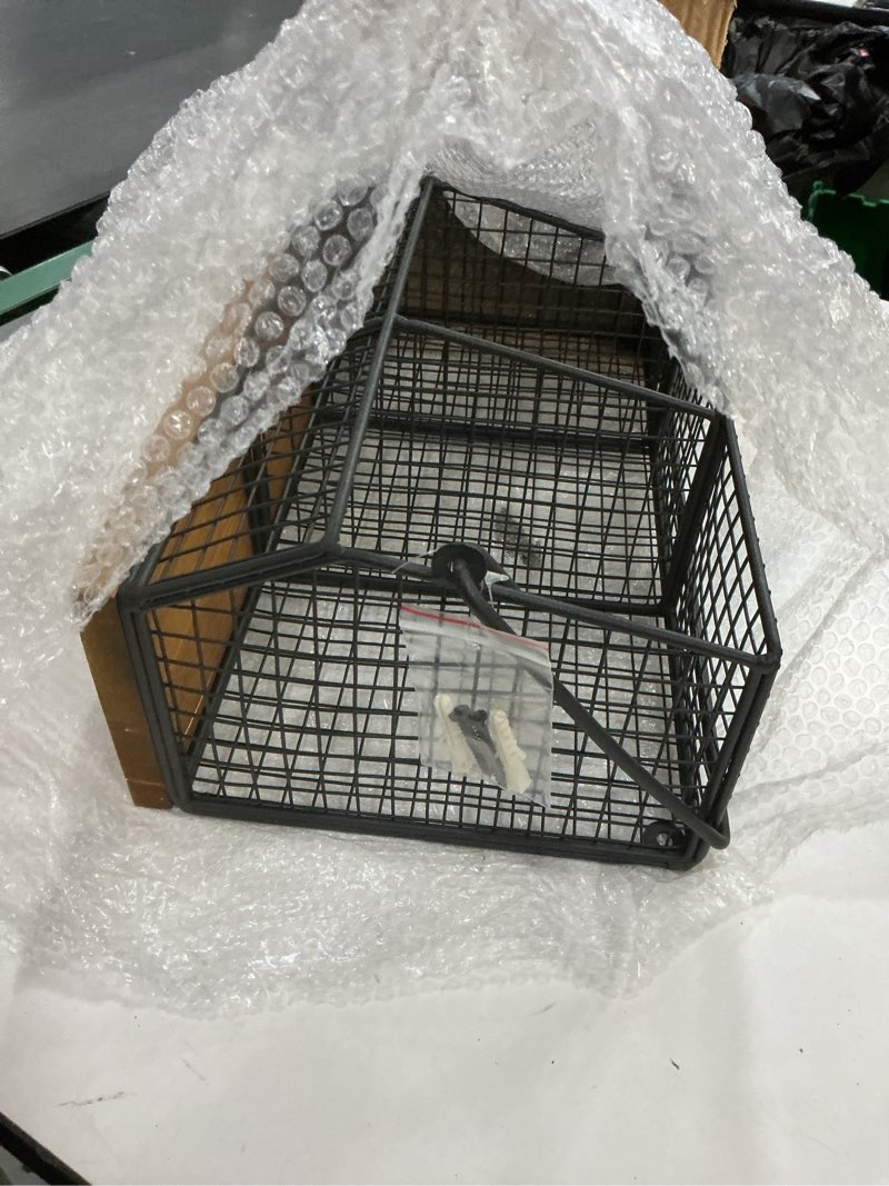 Condition photo showing New/Like New for MyGift Wire Spice Rack Wall Mount with 4 Removable S-Hooks, Hanging Kitchen Organizer Storage with Towel Bar, 3 Compartments, Black Metal and Wood Shelf