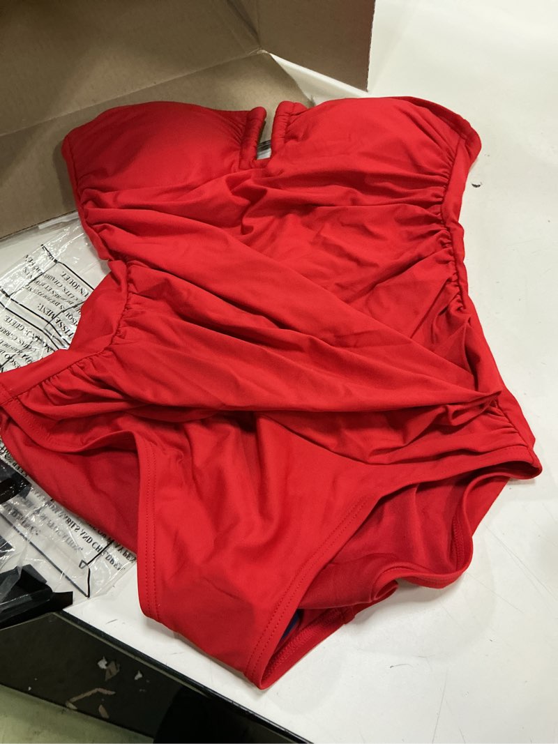 Condition photo showing Good Condition for dkny women's u-wire bandeau one piece swimsuit with tummy control medium real red
