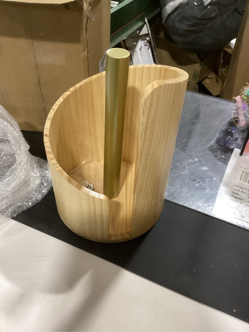 Condition photo showing As Is for mountain paper towel holder with mango wood base, effortless one-hand tearing for jumbo/mega rolls, countertop storage organizer for kitchen and bathroom 7-14 days delivery (wood)