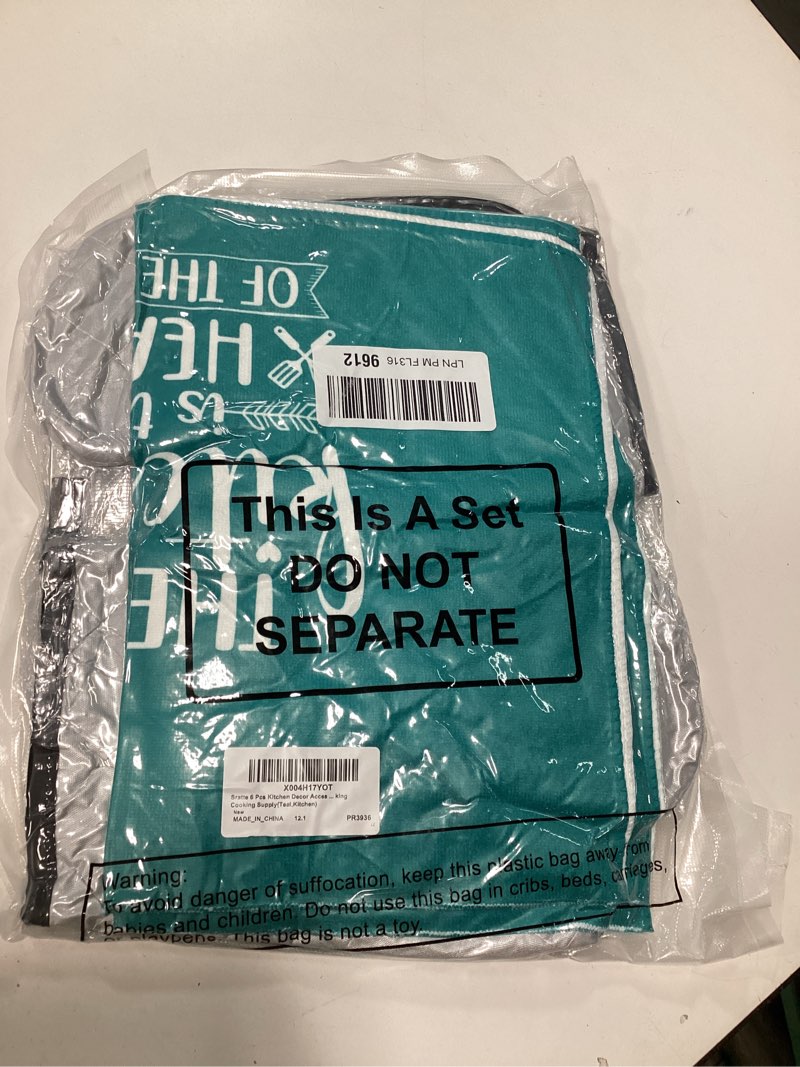 Condition photo showing New/Like New for Sratte 6 Pcs Kitchen Decor Accessories Set Farmhouse Towels Pot Holders Oven Mitts Set 2 Dish Towels 2 Potholders 2 Cooking Mittens Oven Glove for Baking Cooking Supply(Teal,Kitchen)