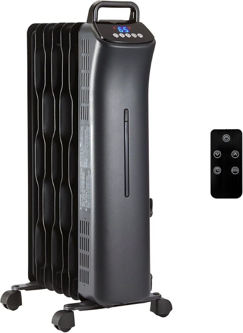 amazon basics portable oil space heater with remote control, 7 oil-filled fins, adjustable thermostat, 3 heat settings, tip-over and overheat protection, etl safety certificate, 1500w, black