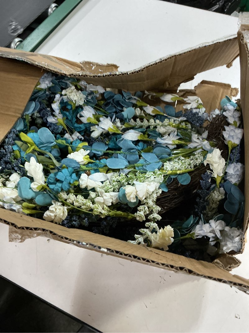 Condition photo showing Good Condition for 26 inch summer spring blue ivory lavender flower wreath for front door, rustic and farmhouse wild flowers wreath for inside and outside, coastal blue home decorating