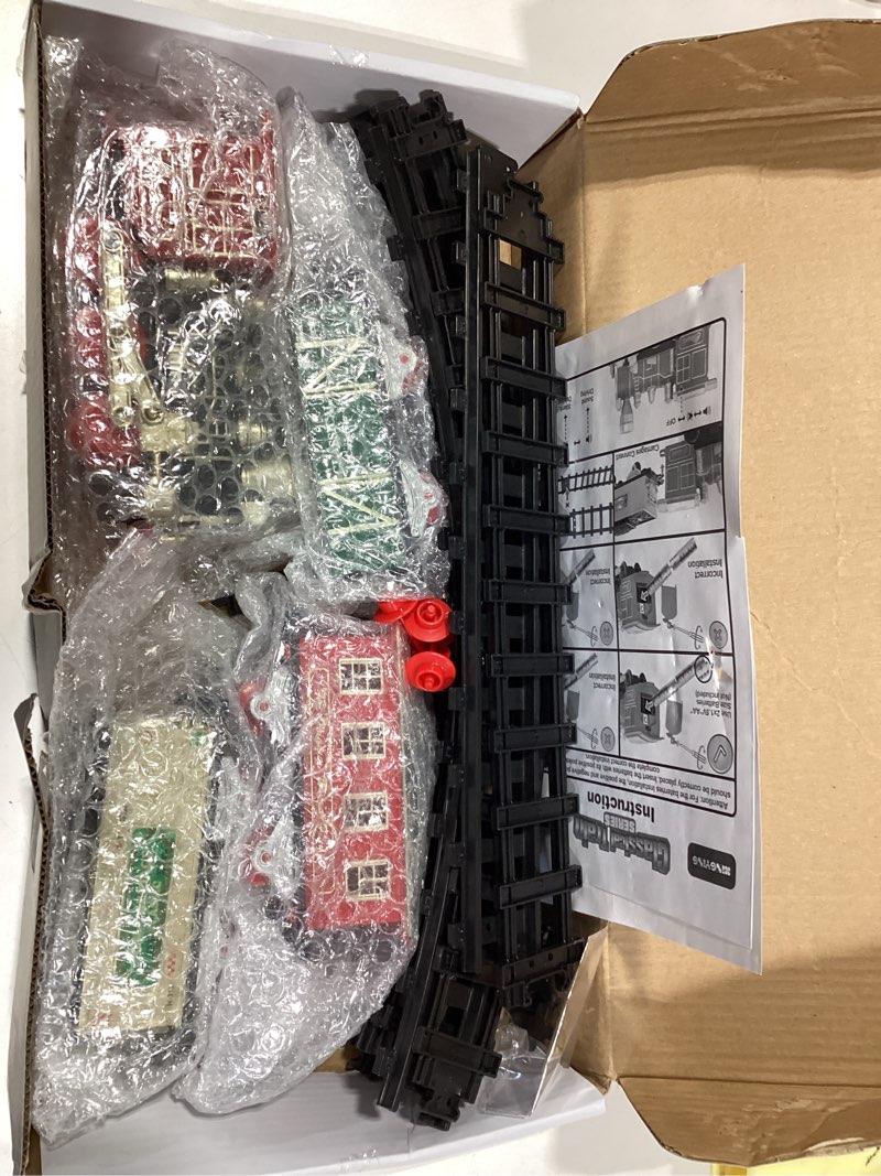 Condition photo showing Good Condition for Electric Christmas Train Set w/Lights and Sounds, Kids Train for Christmas Tree with 3 Cars & 10 Train Tracks, Toddler Model Train for 3 4 5 6 7 8+ Years Old Boys Christmas Train Toys Gifts Deluxe-Black