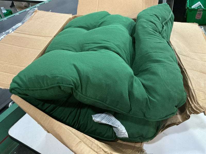 Condition photo showing As Is for wicker chair cushions of 1 pieces, waterproof cushions for patio furniture, tufted wicker outdoor furniture cushions, 1 patio loveseat cushion and 2 u-shaped cushions, 44\"x19\"x5\", dark green