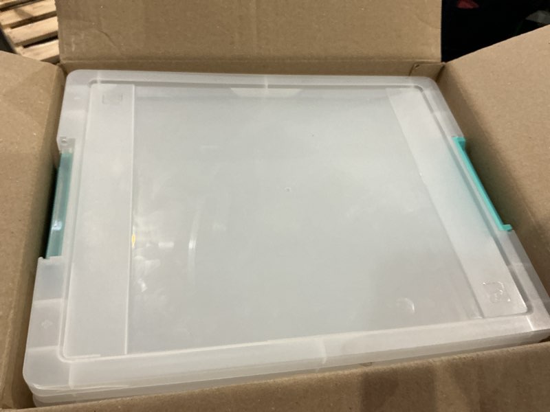 Condition photo showing As Is for similar to not exactly iris usa 4-pack storage bins with lids, 13 quart, made in usa stackable see-through organizing solution latches durable nestable containers secure pull handle, bpa-free plastic clear 13 qt 4 pack