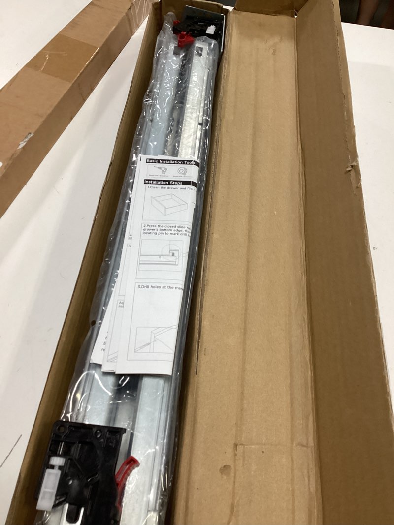 Condition photo showing Good Condition for soft close bottom mount drawer slides 24 inch rails with rear mounting bracket locking devices screws for face frame or frameless application?24 inch, 1 pair? 24 inch 1 pair