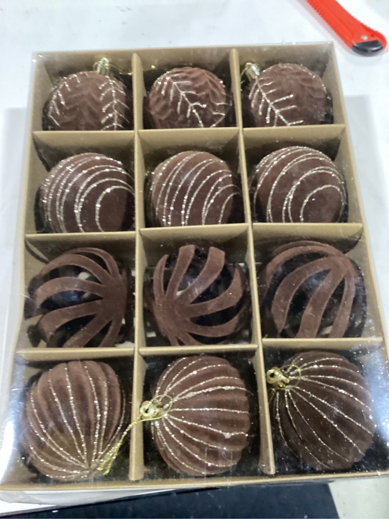 Condition photo showing As Is for 3.15INCH Brown Velvet Ornaments for Christmas Tree, 12PCS Glitter Flocked Christmas Ornaments Decorations Balls Set Decor B Brown 3.15inch-12pcs