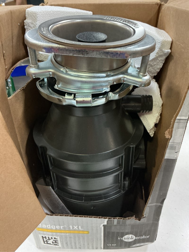 Condition photo showing As Is for insinkerator badger 1xl continuous feed 1/3-hp septic safe non-corded garbage disposal