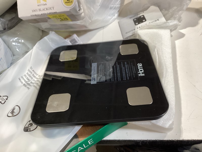Condition photo showing As Is for ihome digital bluetooth smart scale for body weight, weight scale, including bmi, body fat, muscle mass, batteries included (black smart bluetooth) black smart bluetooth one size